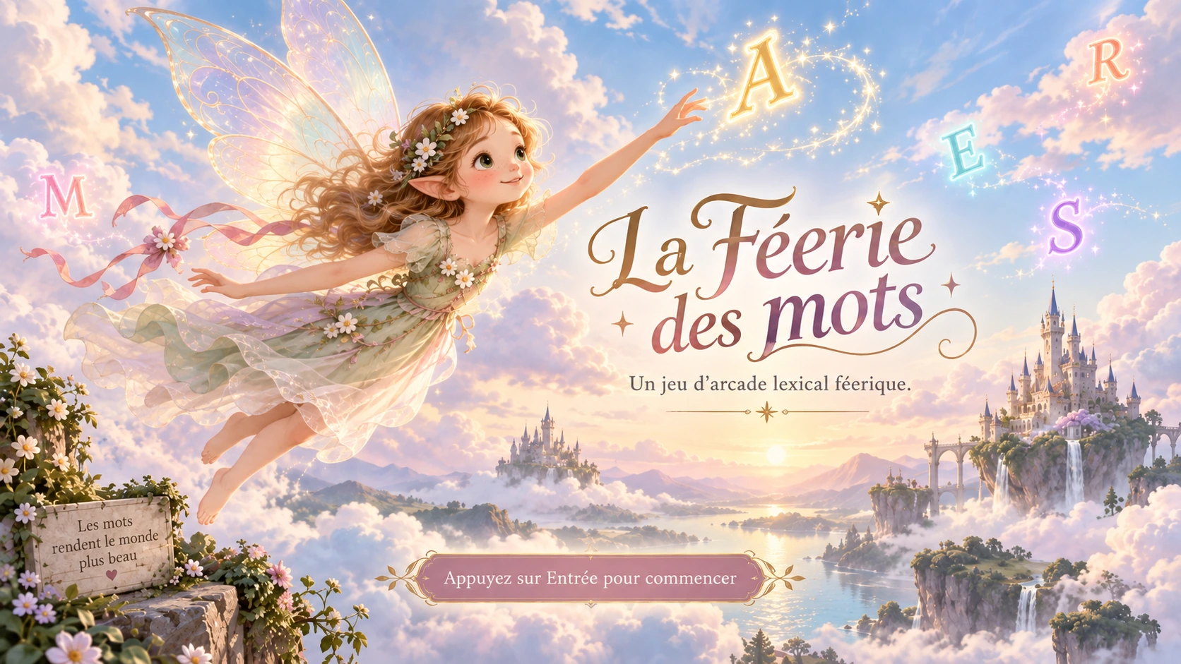 La Féérie des Mots : une jeune fée dans le ciel tente d’attraper des lettres colorées. Appuyez sur Entrée pour commencer.